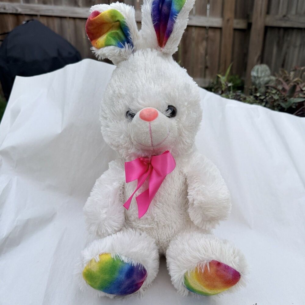 White Plush Bunny Rabbit Rainbow Ears Paws Stuffed Animal  Pink Bow Cute